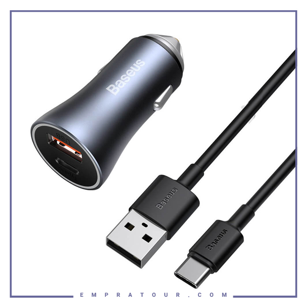 شارژر فندکی فست شارژ با کابل تایپ سی بیسوس Baseus Golden Contactor Pro Dual USB A QC TZCCJD-0G