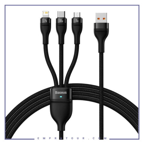 کابل سوپر فست شارژ سه سر یواس‌بی به میکرو، تایپ‌‎سی و لایتنینگ 1.2 متر بیسوس Baseus Flash Series Ⅱ Cable USB to M+L+C 100W CASS030001