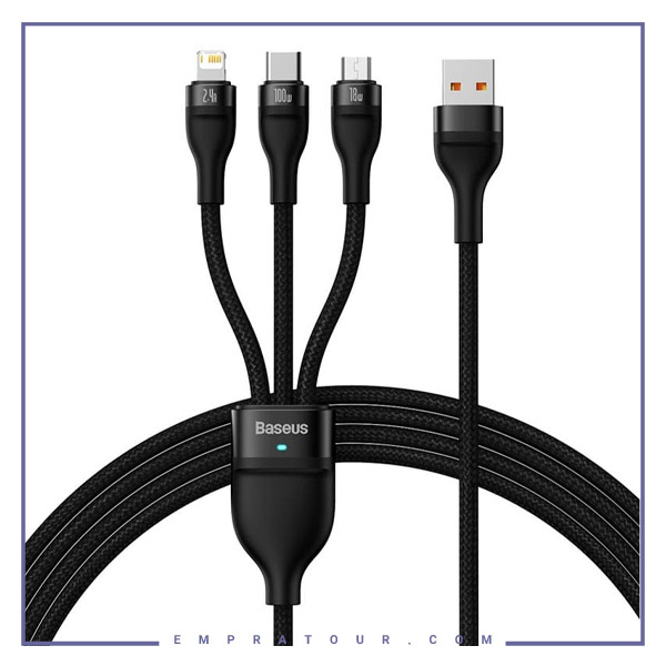 کابل سوپر فست شارژ سه سر یواس‌بی به میکرو، تایپ‌‎سی و لایتنینگ 1.2 متر بیسوس Baseus Flash Series Ⅱ Cable USB to M+L+C 100W CASS030001
