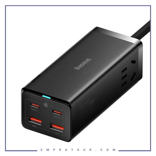 شارژر و چندراهی برق سوپر فست شارژ 100 وات با کابل تایپ‌سی 100 وات یک متری بیسوس Baseus GaN3 Pro Desktop 2AC+2U+2C PSZM000301