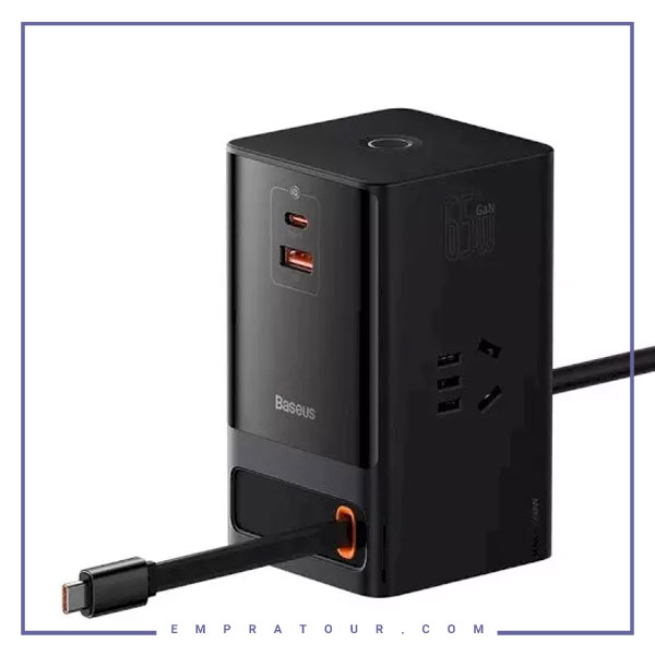 شارژر رومیزی و آداپتور برق سوپر فست شارژ 65 وات با کابل تایپ سی جمع شونده بیسوس Baseus Gan5 Pro Digital Power Strip PSLR000001