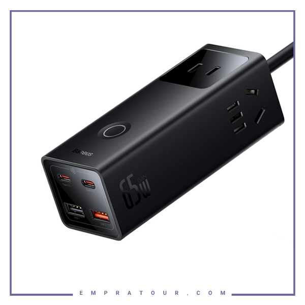 شارژر سوپر فست شارژ تایپ‎‌سی و یو‌اس‌بی 65 وات بیسوس Baseus PowerCombo Digital PowerStrip 65W AC-DC PSLA020001