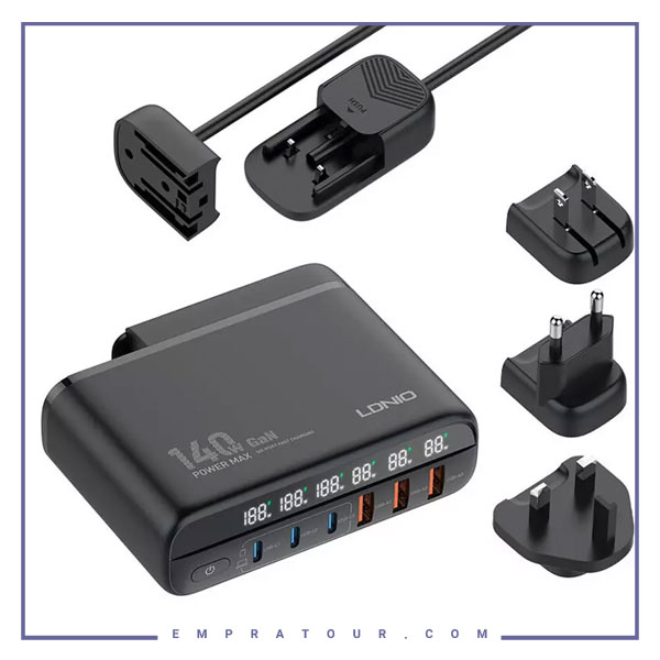 شارژر دیواری سوپر فست شارژ تایپ سی و یو اس بی 140 وات الدینیو LDNIO A6140C 140W GaN Super Fast Desktop Charger