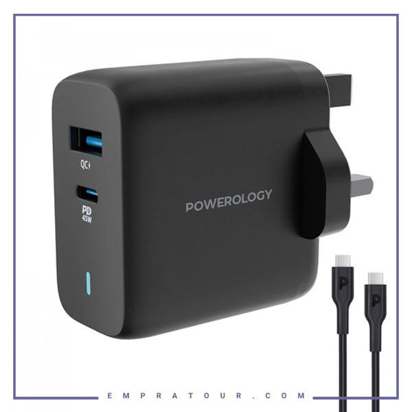 آداپتور شارژ 45 وات با کابل همراه پاورولوژی Powerology Ultra-Quick GaN Charger PWCUQC004