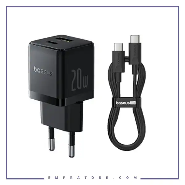 آداپتور شارژ 20 وات دو پورت با کابل بیسوس BASEUS Palm USB+Type-C Dual Port CCZC20UE